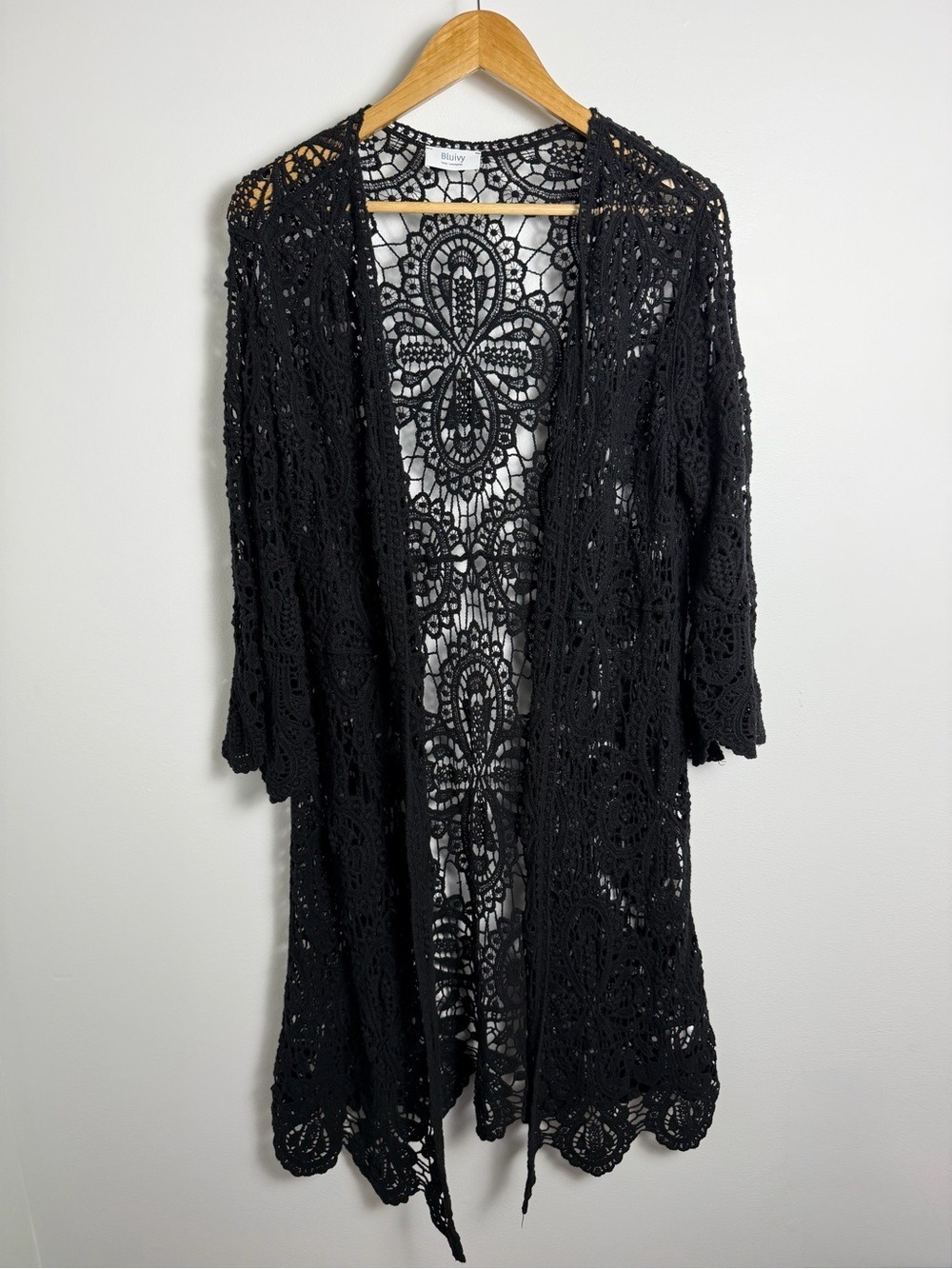 Bluivy Black Crochet Lace Longline Duster Kimono Boho L